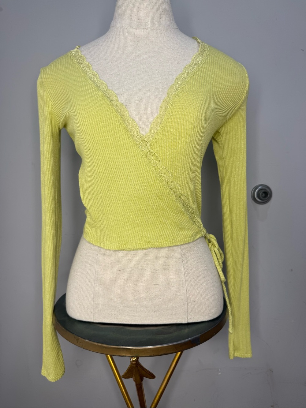 Urban Outfitters Lime Green Ribbed Lace-Trim Wrap Sweater